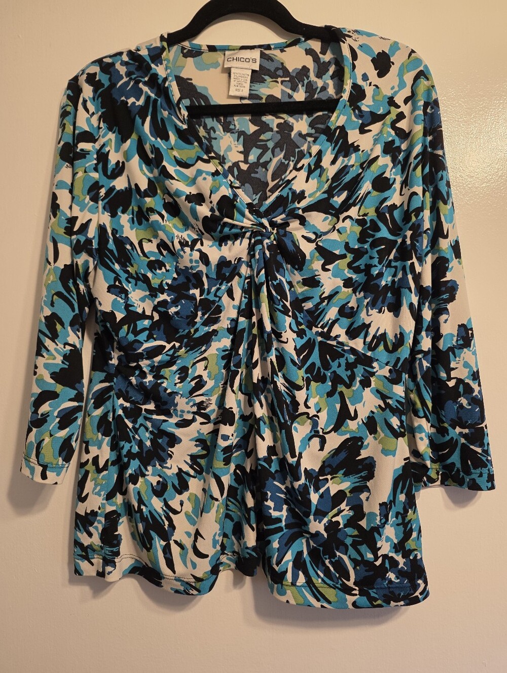 Chico's Blue Black White Floral Twist-Front Tunic Plus Size 2